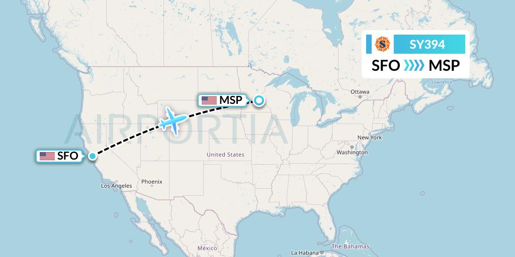 SY394 Sun Country Airlines Flight Map: San Francisco to Minneapolis