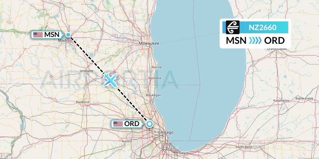 NZ2660 Air New Zealand Flight Map: Madison to Chicago