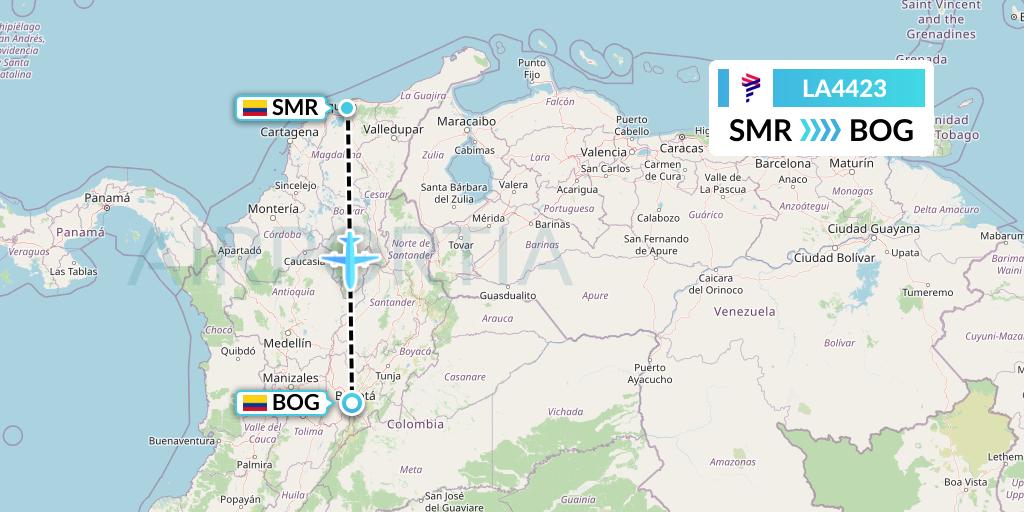 LA4423 LAN Airlines Flight Map: Santa Marta to Bogota