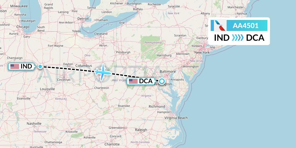 AA4501 American Airlines Flight Map: Indianapolis to Washington