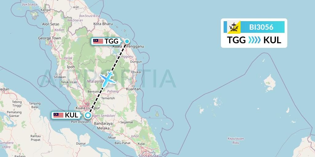 BI3056 Royal Brunei Airlines Flight Map: Kuala Terengganu to Kuala Lumpur