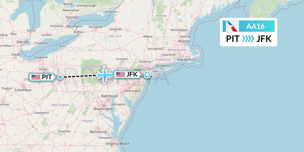 AA16 American Airlines Flight Map: Pittsburgh to New York