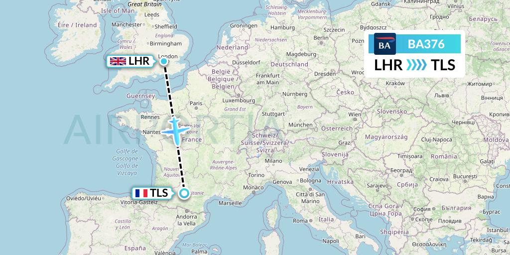 BA376 British Airways Flight Map: London to Toulouse