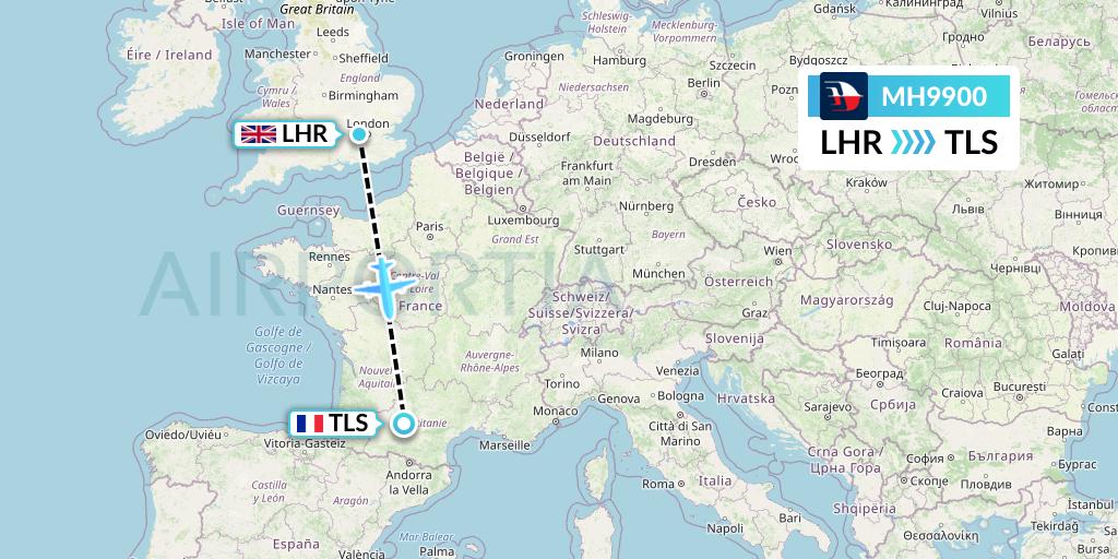 MH9900 Malaysia Airlines Flight Map: London to Toulouse