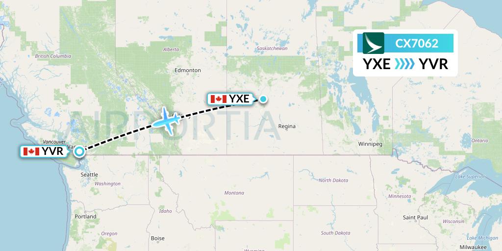 CX7062 Cathay Pacific Flight Map: Saskatoon to Vancouver