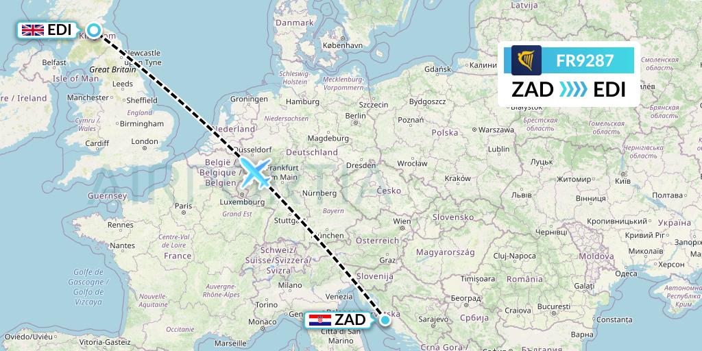 FR9287 Ryanair Flight Map: Zadar to Edinburgh