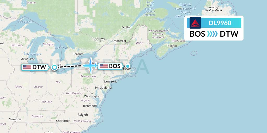 DL9960 Delta Air Lines Flight Map: Boston to Detroit