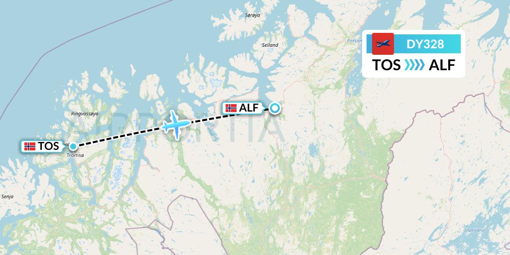 DY328 Norwegian Flight Map: Tromso to Alta
