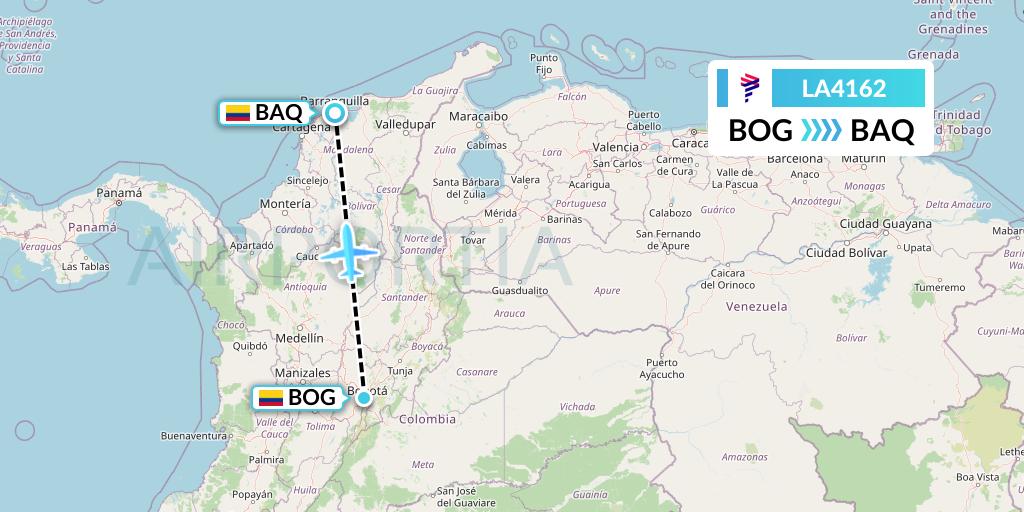 LA4162 LAN Airlines Flight Map: Bogota to Barranquilla