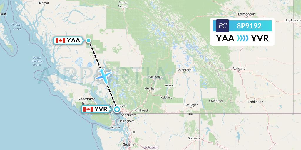 8P9192 Pacific Coastal Airlines Flight Map: Anahim Lake to Vancouver