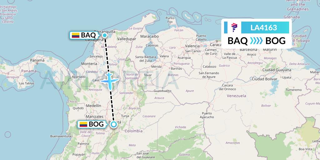 LA4163 LATAM Airlines Flight Map: Barranquilla to Bogota