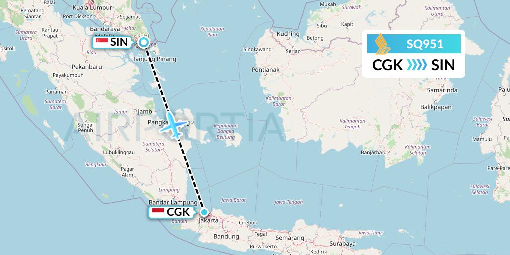 SQ951 Singapore Airlines Flight Map: Jakarta to Singapore