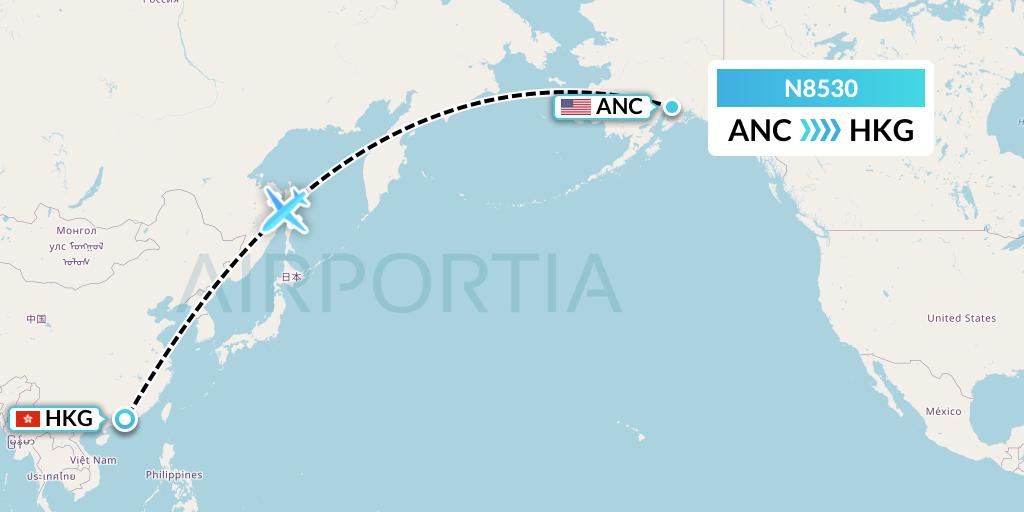 N8530 National Airlines Flight Map: Anchorage to Hong Kong
