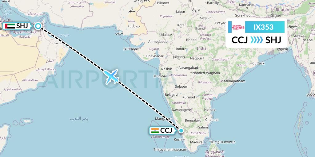 IX353 Air India Express Flight Map: Kozhikode to Sharjah