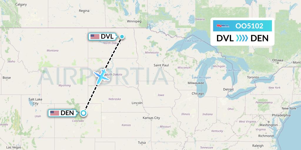 OO5102 SkyWest Airlines Flight Map: Devils Lake to Denver