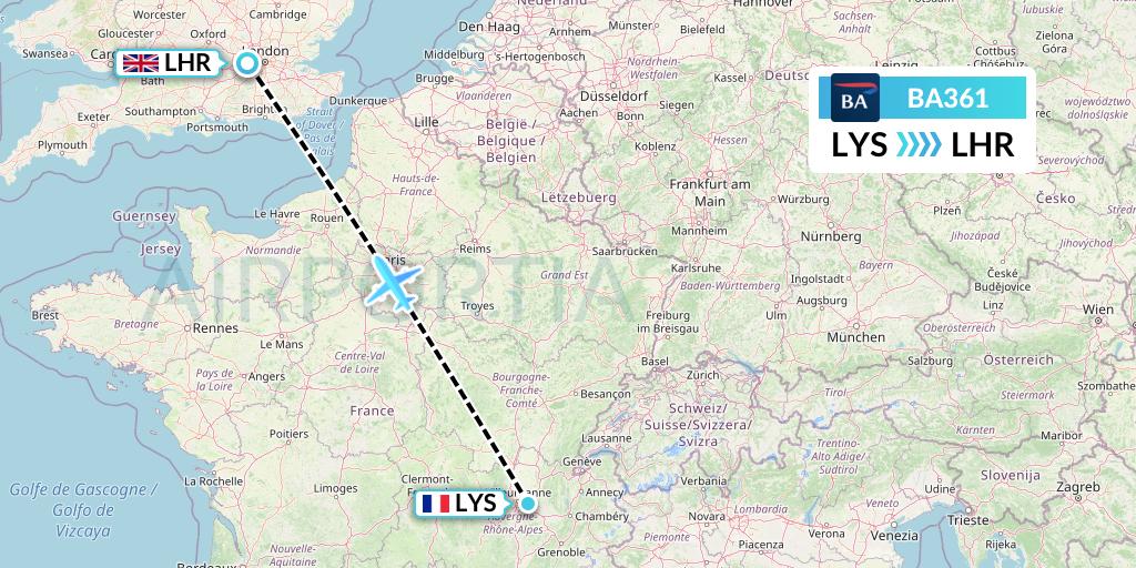 BA361 British Airways Flight Map: Lyon to London