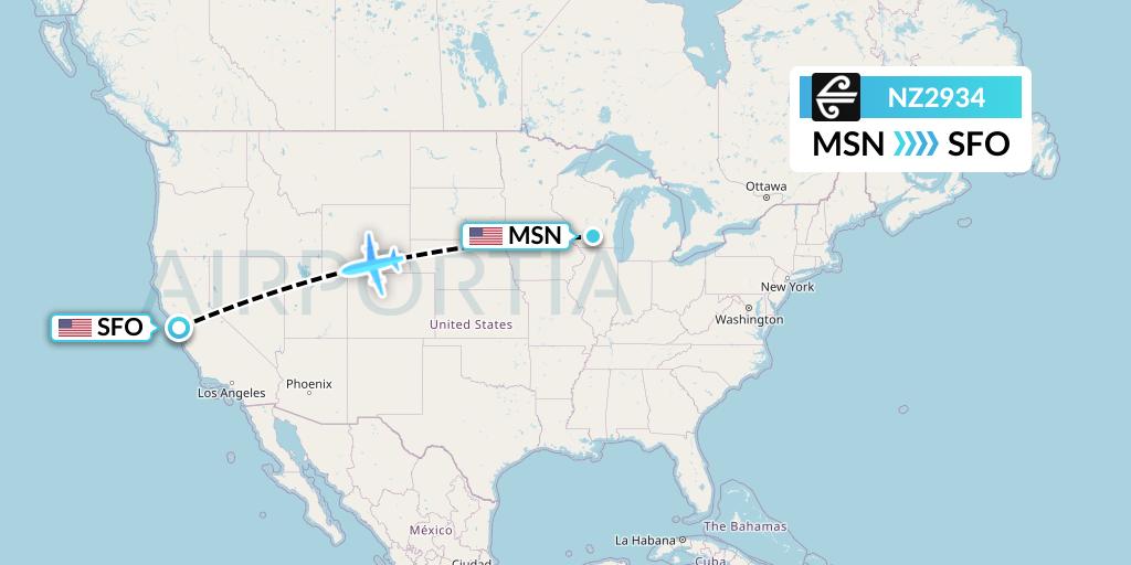 NZ2934 Air New Zealand Flight Map: Madison to San Francisco