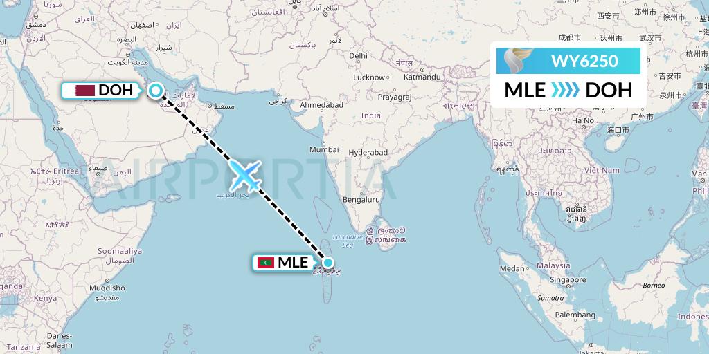 WY6250 Oman Air Flight Map: Male to Doha