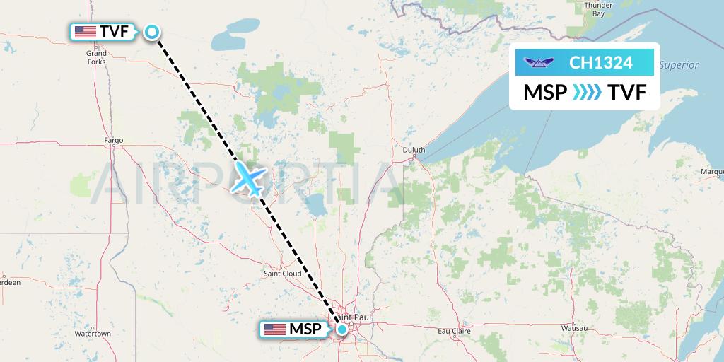 CH1324 Bemidji Airlines Flight Map: Minneapolis to Thief River Falls