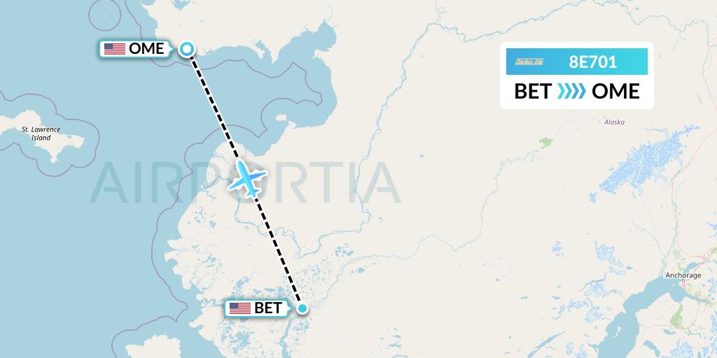 8E701 Bering Air Flight Map: Bethel to Nome