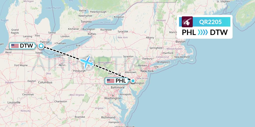 QR2205 Qatar Airways Flight Map: Philadelphia to Detroit