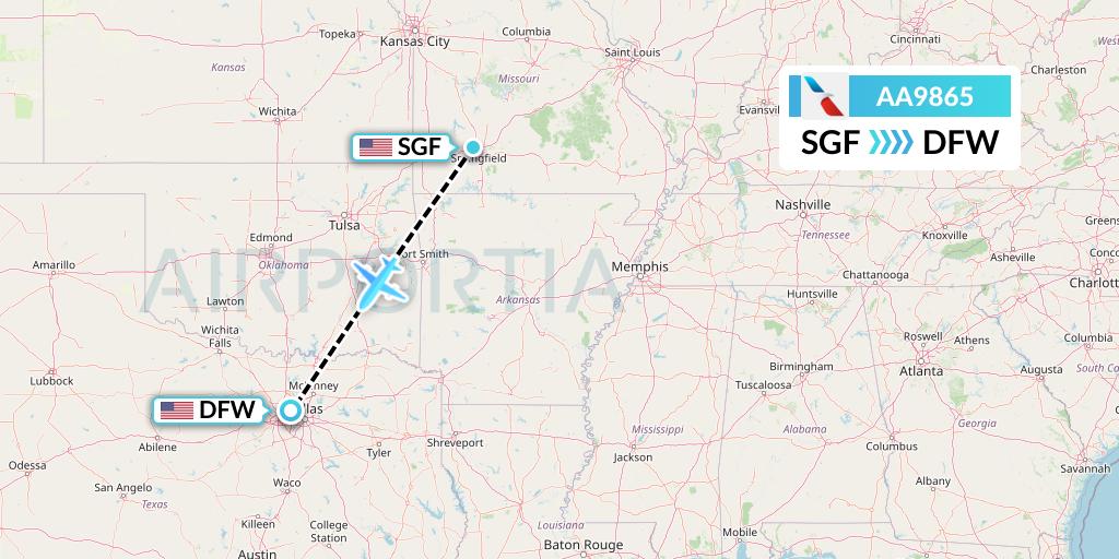 AA9865 American Airlines Flight Map: Springfield to Dallas