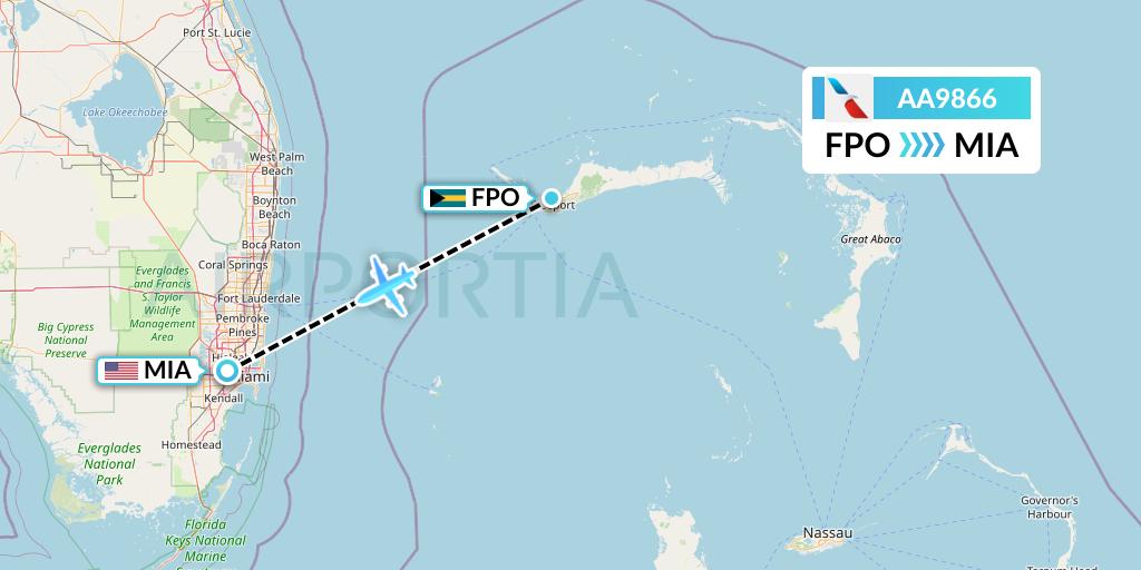 AA9866 American Airlines Flight Map: Freeport to Miami
