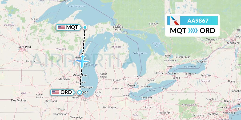 AA9867 American Airlines Flight Map: Marquette to Chicago
