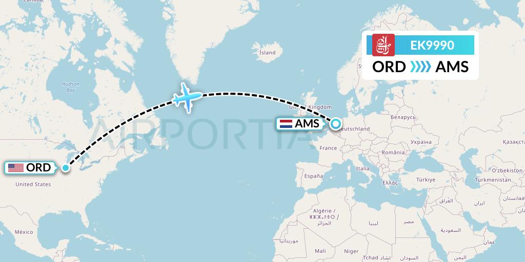 EK9990 Emirates Flight Map: Chicago to Amsterdam