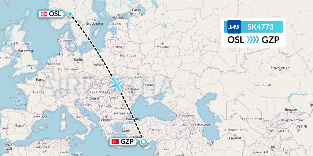 SK4773 SAS Flight Map: Oslo to Gazipasa
