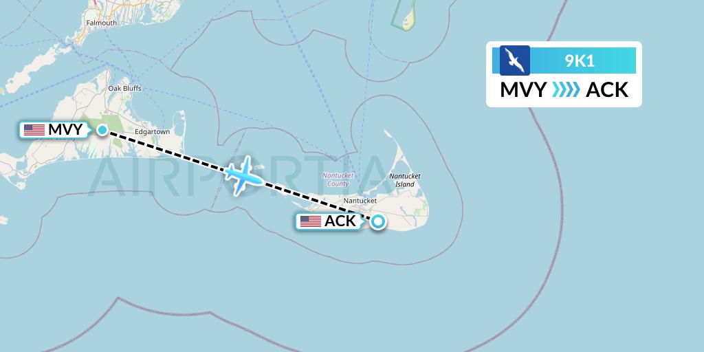 9K1 Cape Air Flight Map: Martha's Vineyard to Nantucket