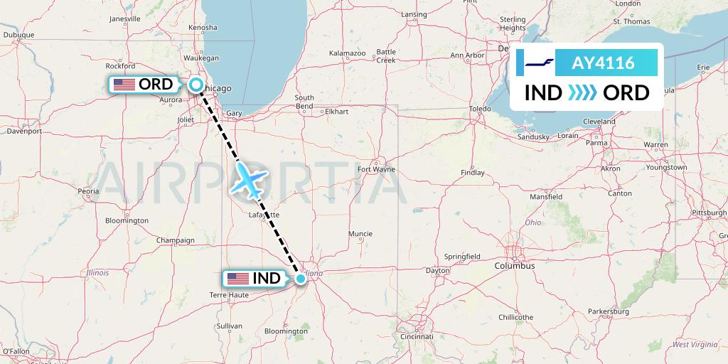 AY4116 Finnair Flight Map: Indianapolis to Chicago