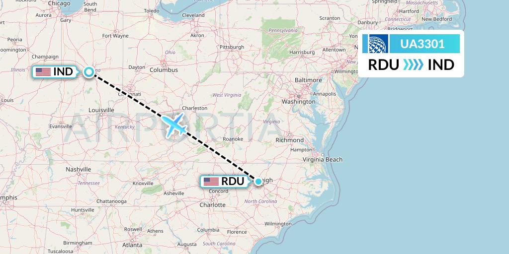 UA3301 United Airlines Flight Map: Raleigh-Durham to Indianapolis