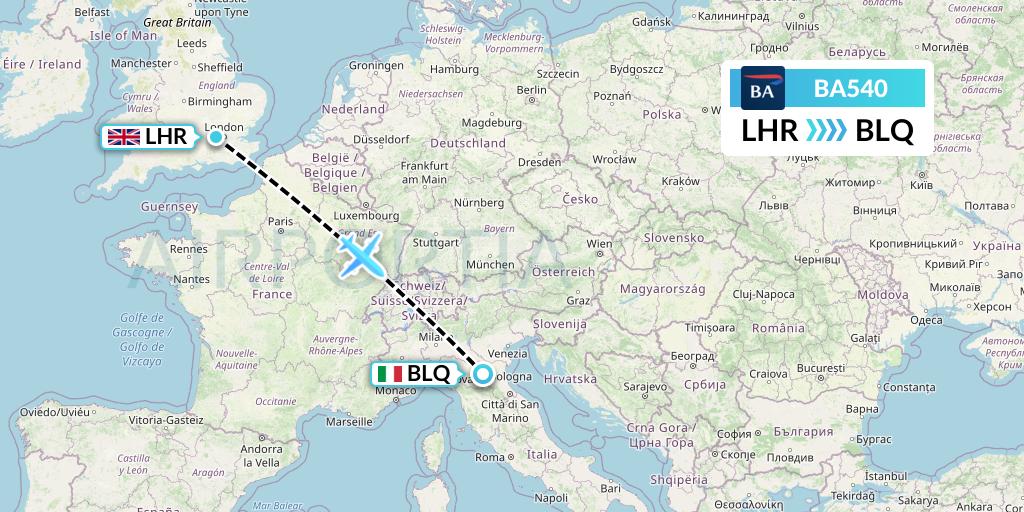 BA540 British Airways Flight Map: London to Bologna