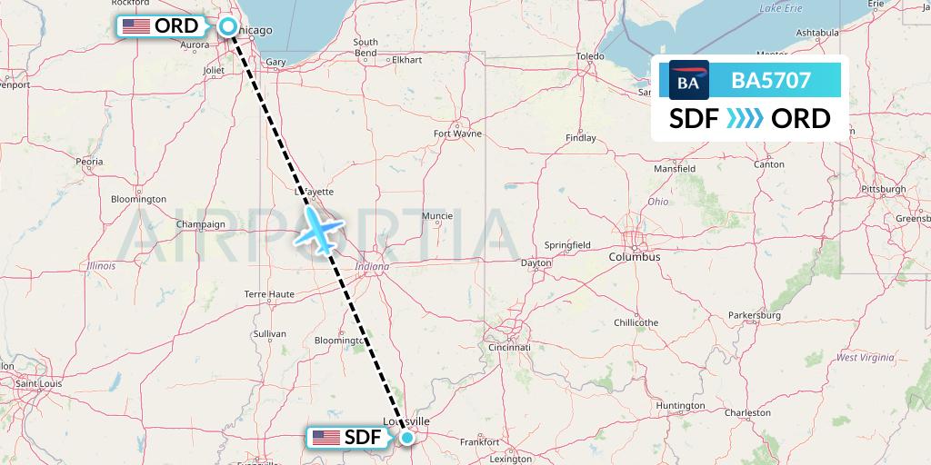 BA5707 British Airways Flight Map: Louisville to Chicago