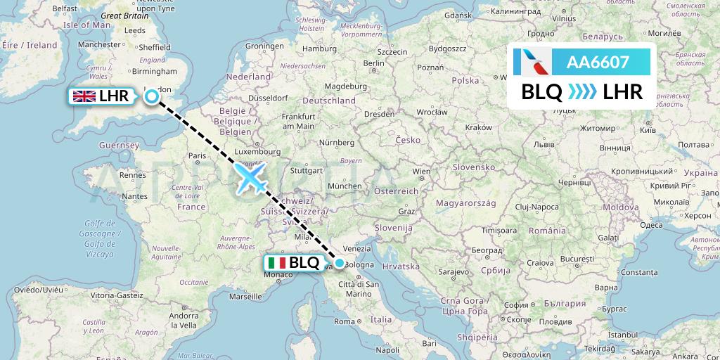 AA6607 American Airlines Flight Map: Bologna to London