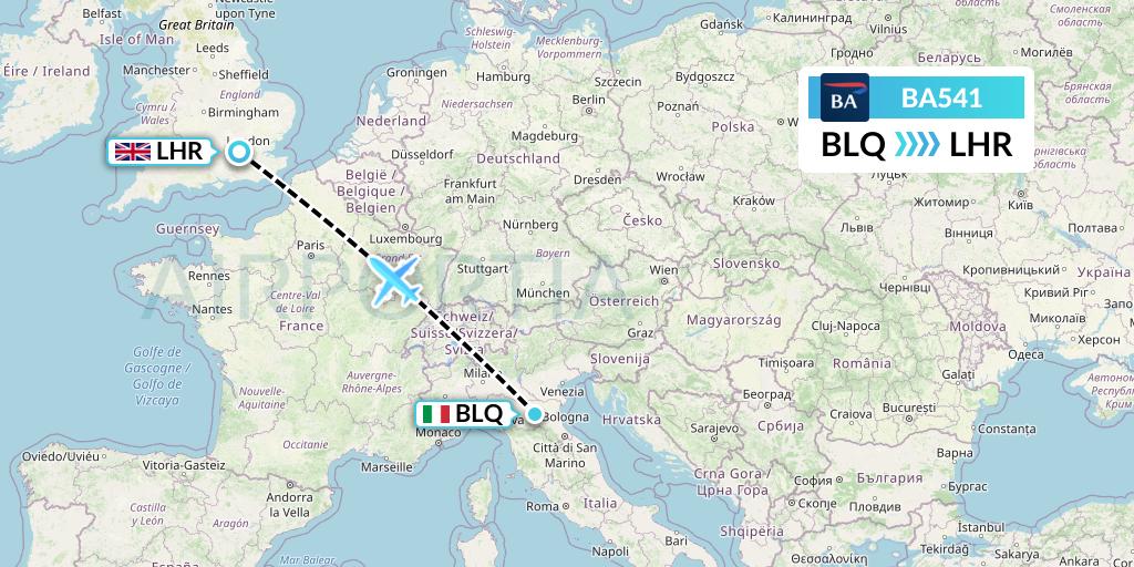 BA541 British Airways Flight Map: Bologna to London