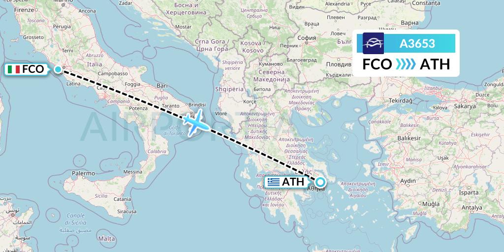 A3653 Aegean Airlines Flight Map: Rome to Athens