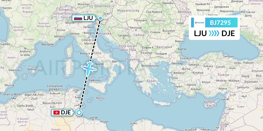 BJ7295 Nouvelair Tunisie Flight Map: Ljubljana to Djerba
