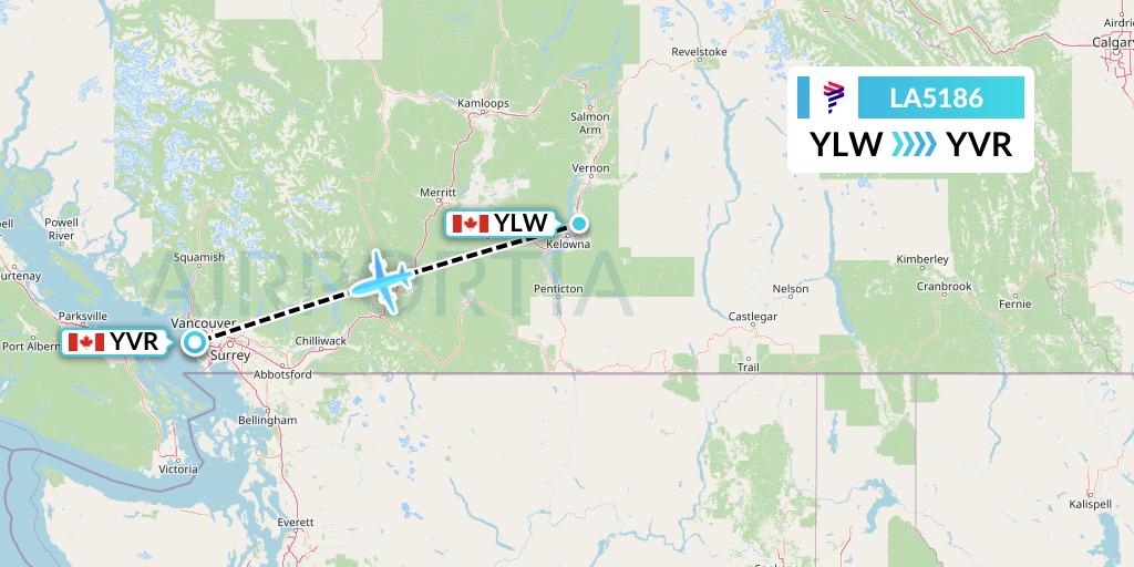 LA5186 LAN Airlines Flight Map: Kelowna to Vancouver