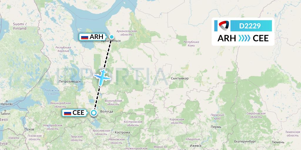 D2229 Severstal Aircompany Flight Map: Arkhangelsk to Cherepovets