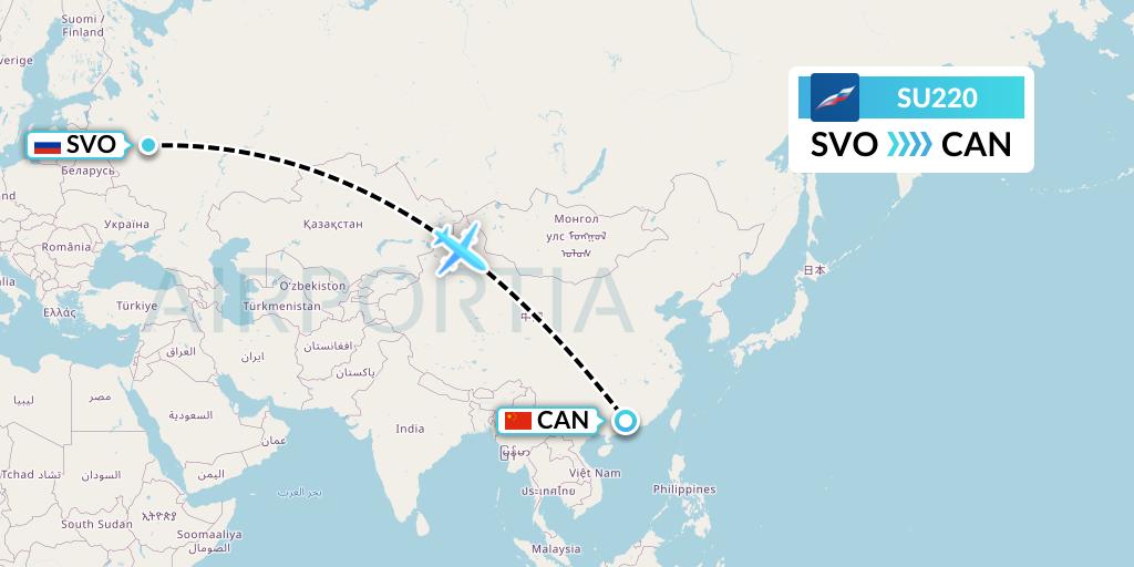 SU220 Aeroflot Flight Map: Moscow to Guangzhou