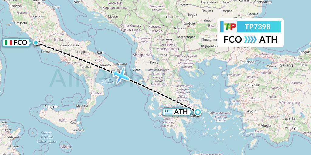 TP7398 TAP Portugal Flight Map: Rome to Athens