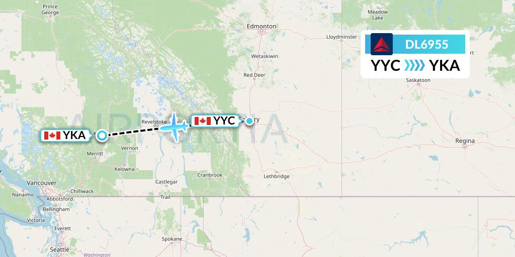 DL6955 Delta Air Lines Flight Map: Calgary to Kamloops