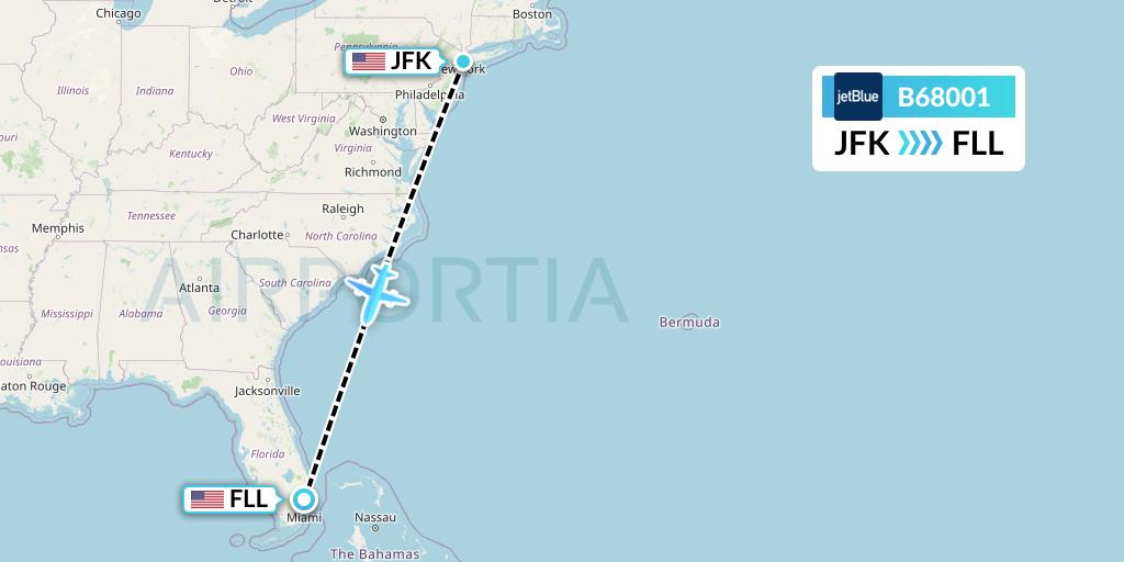 B68001 JetBlue Airways Flight Map: New York to Fort Lauderdale