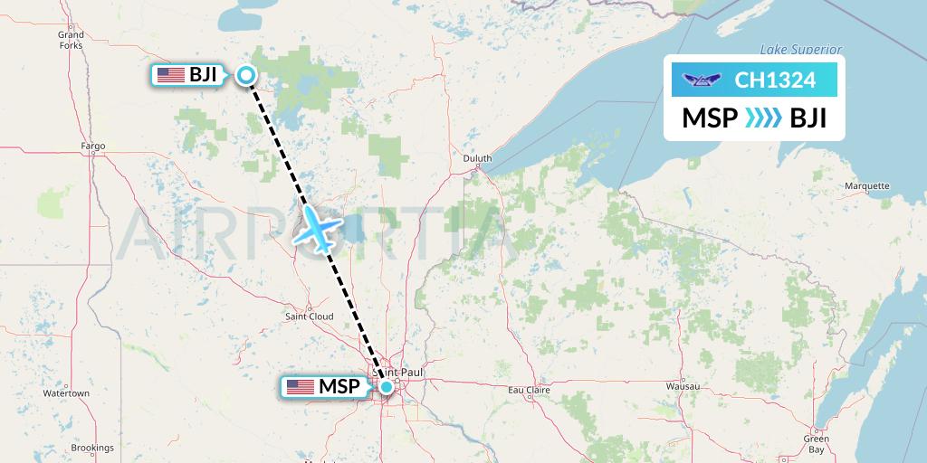 CH1324 Bemidji Airlines Flight Map: Minneapolis to Bemidji