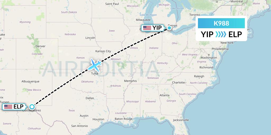 K988 Kalitta Charters Flight Map: Detroit to El Paso