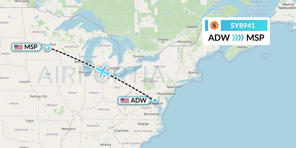 SY8941 Sun Country Airlines Flight Map: Camp Springs to Minneapolis