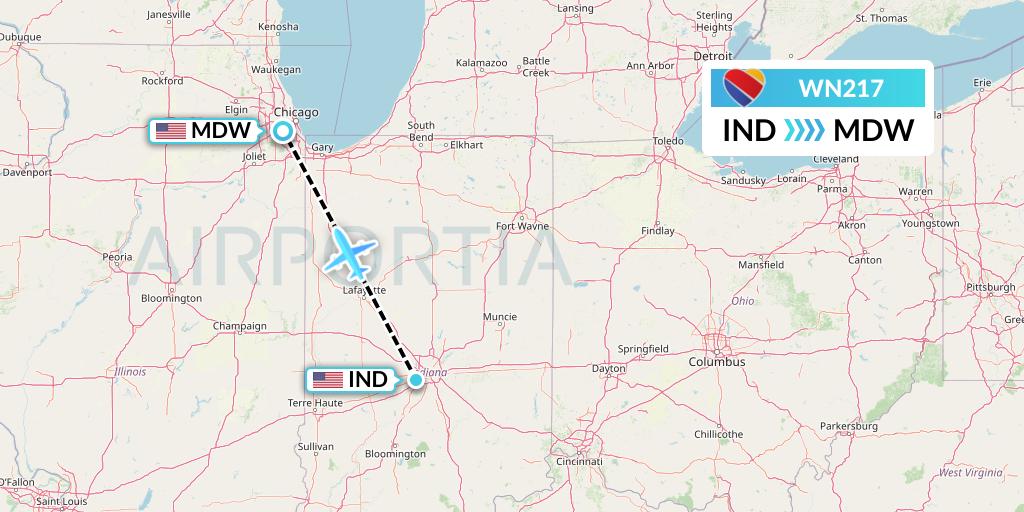 WN217 Southwest Airlines Flight Map: Indianapolis to Chicago