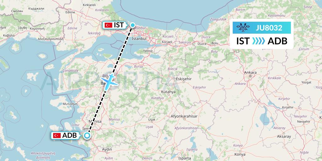 JU8032 AirSERBIA Flight Map: Istanbul to Izmir